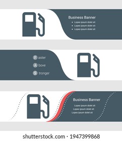 Conjunto de banner gris azul, plantillas horizontales de banner comercial. Banners con plantilla para texto y símbolo de estación de gas. Clásica y moderna. Ilustración del vector sobre fondo gris