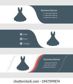 Set of blue grey banner, horizontal business banner templates. Banners with template for text and flared dress symbol. Classic and modern style. Vector illustration on grey background