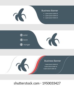 Conjunto de banner gris azul, plantillas horizontales de banner comercial. Pancartas con plantilla para texto y símbolo de plátano pelado. Clásica y moderna. Ilustración del vector sobre fondo gris