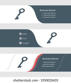 Set of blue grey banner, horizontal business banner templates. Banners with template for text and old key symbol. Classic and modern style. Vector illustration on grey background