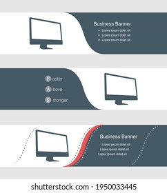 Conjunto de banner gris azul, plantillas horizontales de banner comercial. Banners con plantilla para texto y símbolo monoblock. Clásica y moderna. Ilustración del vector sobre fondo gris