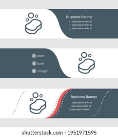 Conjunto de banner gris azul, plantillas horizontales de banner comercial. Banners con plantilla para texto y símbolo de jabón. Clásica y moderna. Ilustración del vector sobre fondo gris