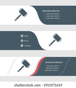 Set von blauen grauen Bannern, horizontalen Business-Banner-Vorlagen. Banner mit Vorlage für Text und Vorschlaghammer-Symbol. Klassischer und moderner Stil. Vektorgrafik auf grauem Hintergrund