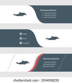 Set of blue grey banner, horizontal business banner templates. Banners with template for text and dolphin symbol. Classic and modern style. Vector illustration on grey background