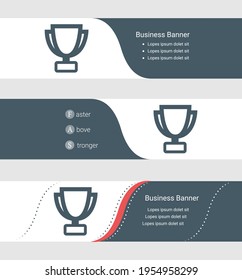Conjunto de banner gris azul, plantillas horizontales de banner comercial. Banners con plantilla para texto y símbolo de trofeo. Clásica y moderna. Ilustración del vector sobre fondo gris