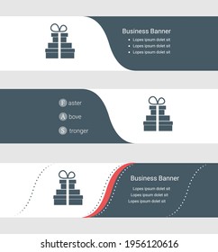 Set of blue grey banner, horizontal business banner templates. Banners with template for text and set of gifts. Classic and modern style. Vector illustration on grey background