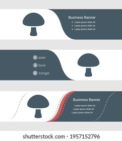 Set of blue grey banner, horizontal business banner templates. Banners with template for text and mushroom symbol. Classic and modern style. Vector illustration on grey background