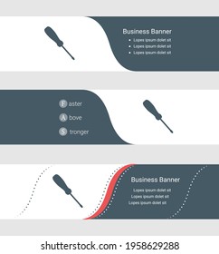 Set of blue grey banner, horizontal business banner templates. Banners with template for text and screwdriver symbol. Classic and modern style. Vector illustration on grey background