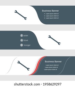 Set of blue grey banner, horizontal business banner templates. Banners with template for text and wrench symbol. Classic and modern style. Vector illustration on grey background