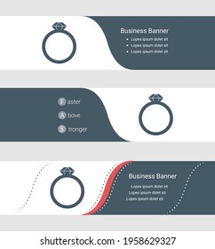 Set of blue grey banner, horizontal business banner templates. Banners with template for text and diamond ring symbol. Classic and modern style. Vector illustration on grey background