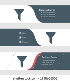 Set of blue grey banner, horizontal business banner templates. Banners with template for text and funnel symbol. Classic and modern style. Vector illustration on grey background