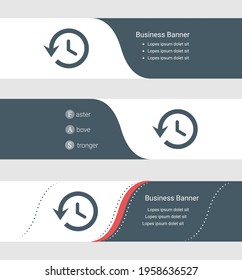 Set of blue grey banner, horizontal business banner templates. Banners with template for text and time back symbol. Classic and modern style. Vector illustration on grey background