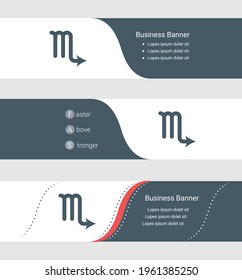 Set of blue grey banner, horizontal business banner templates. Banners with template for text and zodiac scorpio symbol. Classic and modern style. Vector illustration on grey background