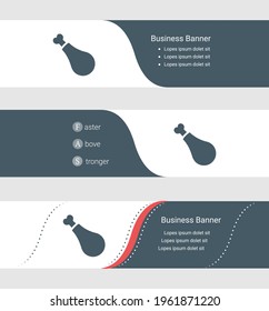 Set of blue grey banner, horizontal business banner templates. Banners with template for text and chicken's leg symbol. Classic and modern style. Vector illustration on grey background