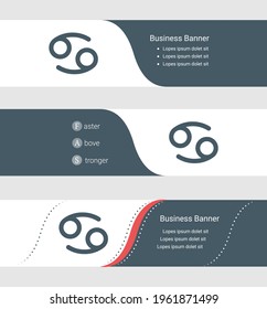 Set of blue grey banner, horizontal business banner templates. Banners with template for text and cancer zodiac symbol. Classic and modern style. Vector illustration on grey background