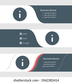 Set of blue grey banner, horizontal business banner templates. Banners with template for text and info symbol. Classic and modern style. Vector illustration on grey background