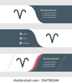 Set of blue grey banner, horizontal business banner templates. Banners with template for text and zodiac aries symbol. Classic and modern style. Vector illustration on grey background