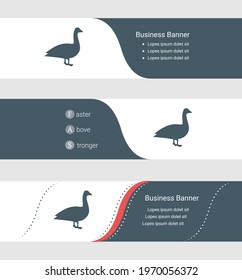 Set of blue grey banner, horizontal business banner templates. Banners with template for text and goose symbol. Classic and modern style. Vector illustration on grey background