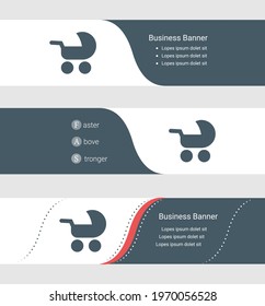 Set of blue grey banner, horizontal business banner templates. Banners with template for text and baby carriage symbol. Classic and modern style. Vector illustration on grey background