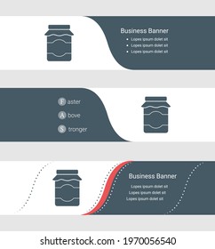 Set of blue grey banner, horizontal business banner templates. Banners with template for text and jar of jam symbol. Classic and modern style. Vector illustration on grey background