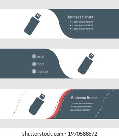Set of blue grey banner, horizontal business banner templates. Banners with template for text and flash drive. Classic and modern style. Vector illustration on grey background