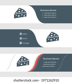 Set of blue grey banner, horizontal business banner templates. Banners with template for text and cheese symbol. Classic and modern style. Vector illustration on grey background