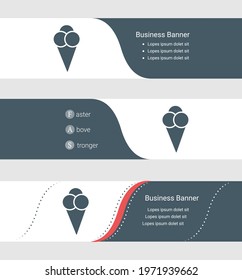 Set of blue grey banner, horizontal business banner templates. Banners with template for text and ice cream balls symbol. Classic and modern style. Vector illustration on grey background