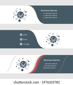 Set of blue grey banner, horizontal business banner templates. Banners with template for text and cosmic symbol. Classic and modern style. Vector illustration on grey background