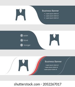 Set of blue grey banner, horizontal business banner templates. Banners with template for text and women's jacket symbol. Classic and modern style. Vector illustration on grey background