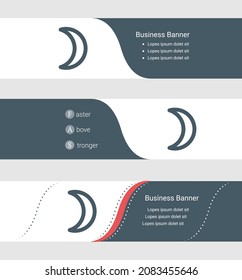 Set of blue grey banner, horizontal business banner templates. Banners with template for text and moon astrological symbol. Classic and modern style. Vector illustration on grey background