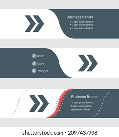 Set of blue grey banner, horizontal business banner templates. Banners with template for text and double arrow symbol. Classic and modern style. Vector illustration on grey background