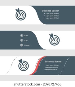 Conjunto de banner gris azul, plantillas horizontales de banner comercial. Banners con plantilla para texto y símbolo de objetivo. Clásica y moderna. Ilustración del vector sobre fondo gris