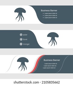 Set of blue grey banner, horizontal business banner templates. Banners with template for text and jellyfish symbol. Classic and modern style. Vector illustration on grey background