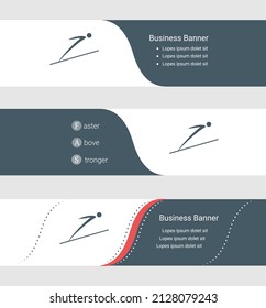 Conjunto de banner gris azul, plantillas horizontales de banner comercial. Banners con plantilla para texto y símbolo de salto de esquí. Clásica y moderna. Ilustración del vector sobre fondo gris