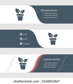 Conjunto de banner gris azul, plantillas horizontales de banner comercial. Pancartas con plantilla para texto y plantar en el símbolo de olla. Clásica y moderna. Ilustración del vector sobre fondo gris
