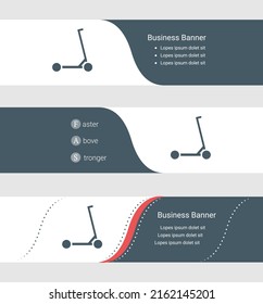 Set of blue grey banner, horizontal business banner templates. Banners with template for text and kick scooter symbol. Classic and modern style. Vector illustration on grey background