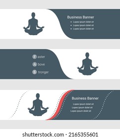 Set of blue grey banner, horizontal business banner templates. Banners with template for text and yoga symbol. Classic and modern style. Vector illustration on grey background