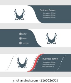 Conjunto de banner gris azul, plantillas horizontales de banner comercial. Banderas con plantilla para texto y símbolo de hamaca de yoga. Clásica y moderna. Ilustración del vector sobre fondo gris