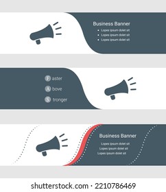 Set of blue grey banner, horizontal business banner templates. Banners with template for text and megaphone symbol. Classic and modern style. Vector illustration on grey background