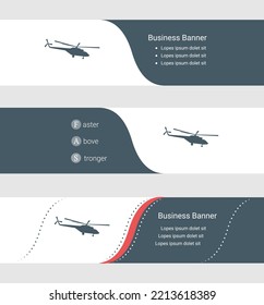 Set of blue grey banner, horizontal business banner templates. Banners with template for text and helicopter symbol. Classic and modern style. Vector illustration on grey background