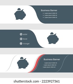 Set of blue grey banner, horizontal business banner templates. Banners with template for text and piggy bank symbol. Classic and modern style. Vector illustration on grey background