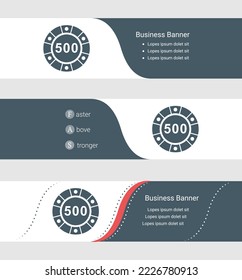 Set of blue grey banner, horizontal business banner templates. Banners with template for text and poker chip symbol. Classic and modern style. Vector illustration on grey background