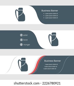 Set of blue grey banner, horizontal business banner templates. Banners with template for text and travel backpack symbol. Classic and modern style. Vector illustration on grey background