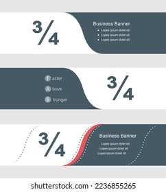 Set of blue grey banner, horizontal business banner templates. Banners with template for text and three quarters symbol. Classic and modern style. Vector illustration on grey background