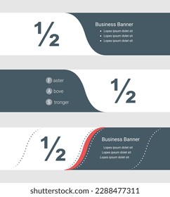 Set of blue grey banner, horizontal business banner templates. Banners with template for text and half fraction symbol. Classic and modern style. Vector illustration on grey background
