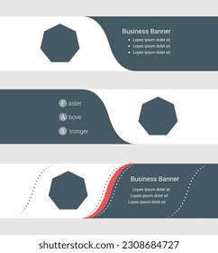 Set of blue grey banner, horizontal business banner templates. Banners with template for text and heptagon symbol. Classic and modern style. Vector illustration on grey background