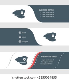 Set von blauen grauen Bannern, horizontalen Business-Banner-Vorlagen. Banner mit Vorlage für Text- und Polizeikappen-Symbol. Klassischer und moderner Stil. Vektorgrafik auf grauem Hintergrund