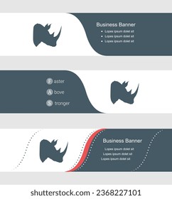 Set of blue grey banner, horizontal business banner templates. Banners with template for text and rhinoceros head symbol. Classic and modern style. Vector illustration on grey background