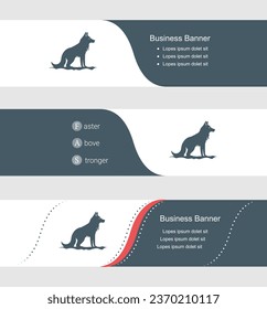 Set of blue grey banner, horizontal business banner templates. Banners with template for text and wild wolf symbol. Classic and modern style. Vector illustration on grey background