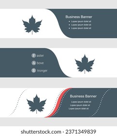 Set of blue grey banner, horizontal business banner templates. Banners with template for text and maple leaf symbol. Classic and modern style. Vector illustration on grey background